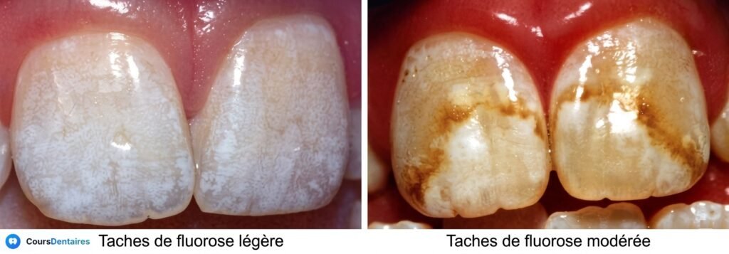 Photo de fluorose légère à sévère (taches blanches à brun foncé sur l'émail)