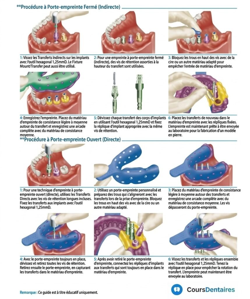ttechnique empreinte fermée implant dentaire / echnique empreinte ouverte implant porte-empreinte perforé