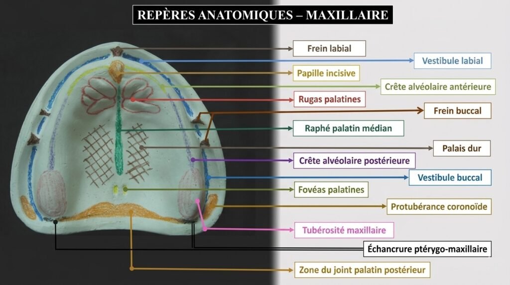 Vue de la surface d'appui maxillaire édentée — zones d'appui et zones à ménager