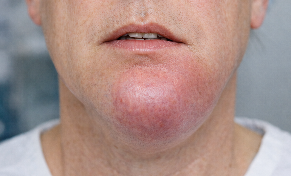 "Photo médicale professionnelle d'un patient présentant un gonflement de la région mentonnière, vue de face, contexte clinique, éclairage médical"