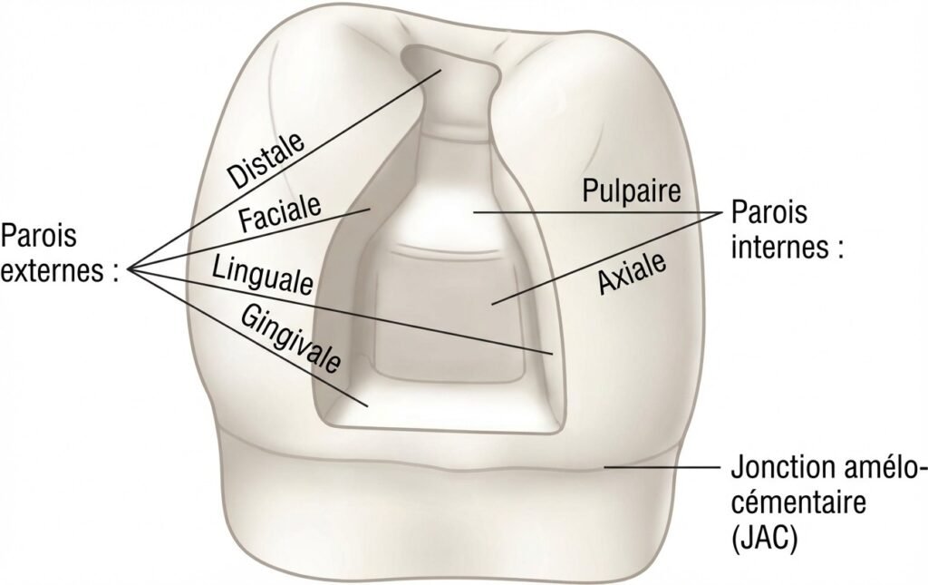 Schéma d'une cavité avec ses parois, fond et angles