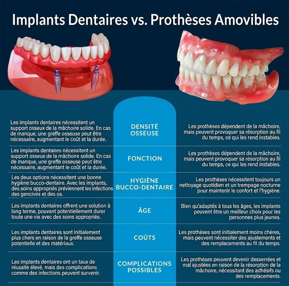 Comparaison prothèse amovible partielle et implant dentaire