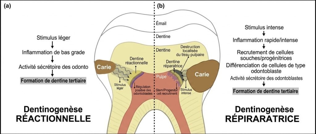 Illustrer un pont dentinaire réparateur après coiffage pulpaire