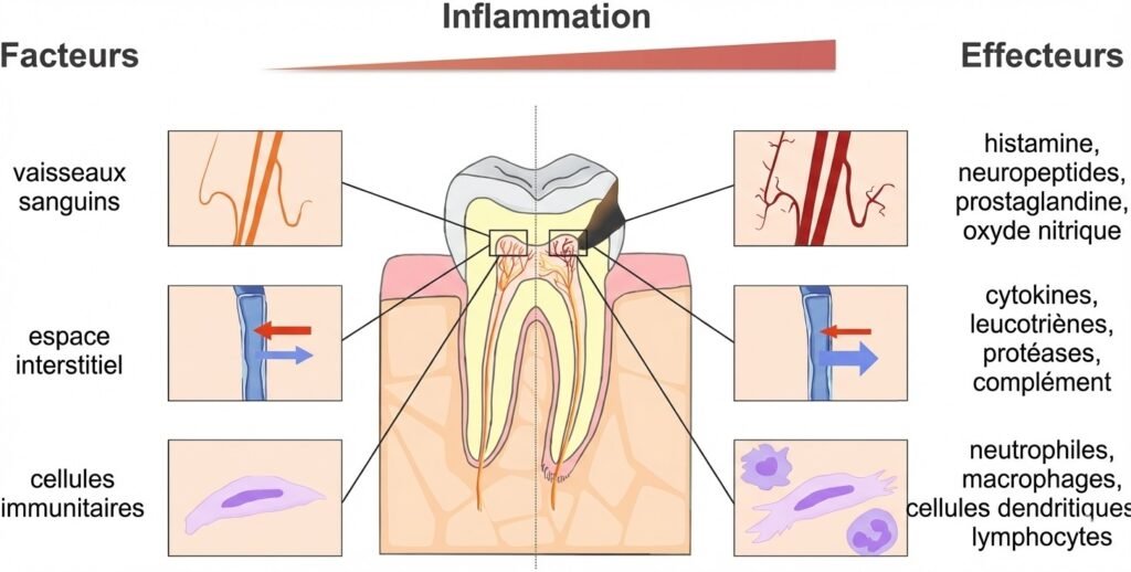 Schéma montrant la progression de l'inflammation dans la chambre pulpaire