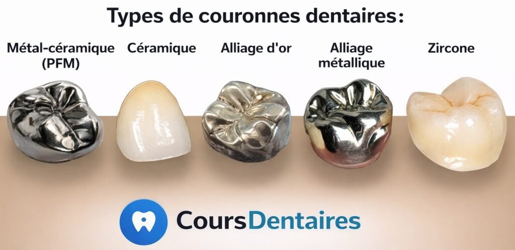 Vue comparative de différents types de couronnes (métal, céramo-métal, zircone)