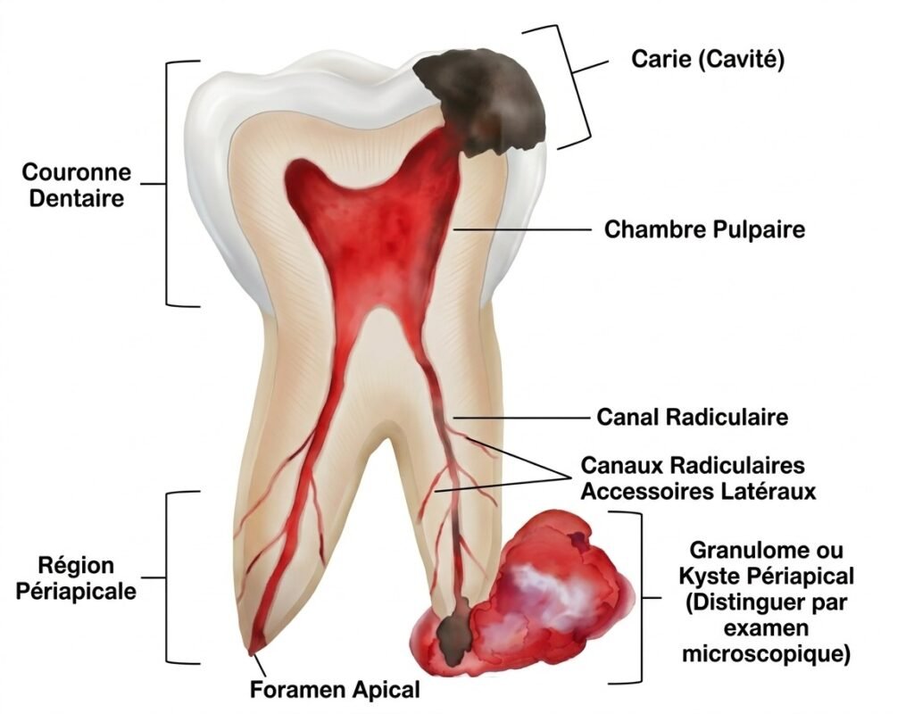 Schéma général anatomique dent/apex pour contextualiser le cours