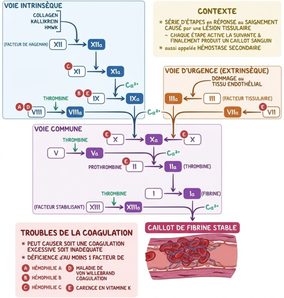Schéma de la cascade de coagulation (voies extrinsèque/intrinsèque)
