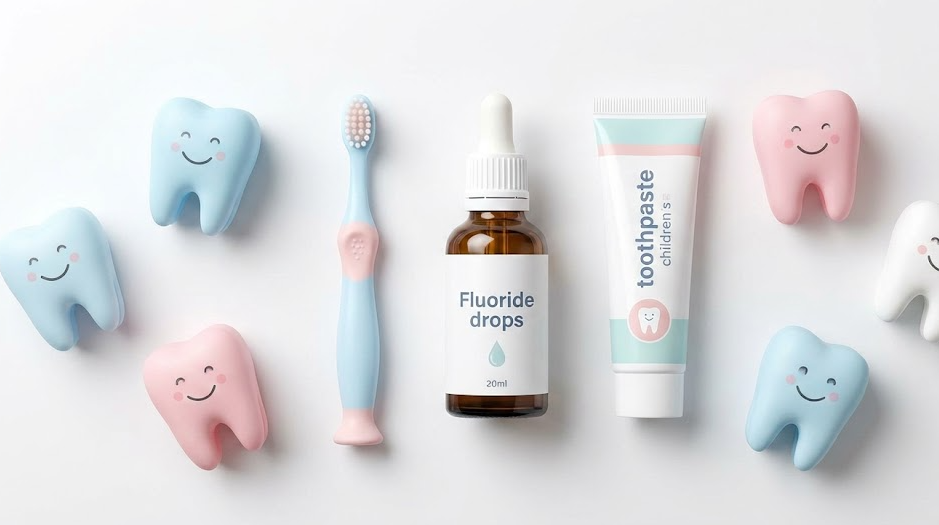 Produits de soins dentaires pour enfants disposés sur un comptoir blanc