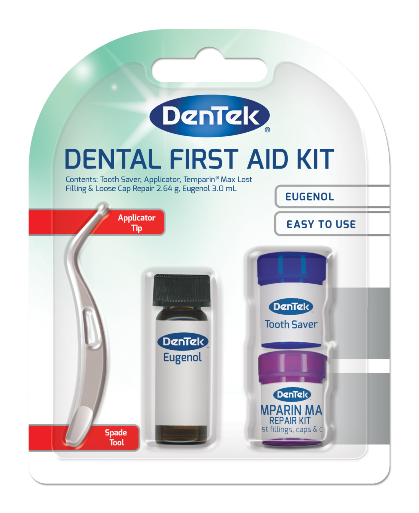 Kit d'urgence dentaire posé sur une surface propre