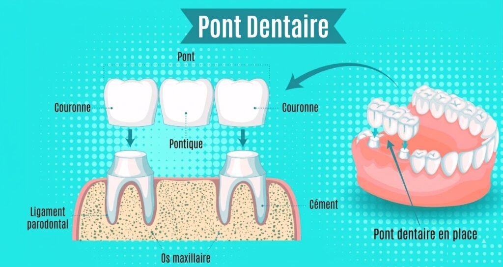Illustration d'un bridge dentaire et ses dents piliers