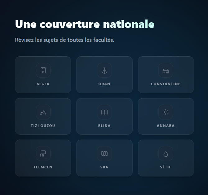 DentaQuiz Une couverture nationale Révisez les sujets de toutes les facultés. Alger Oran Constantine Tizi Ouzou Blida Annaba Tlemcen SBA Sétif