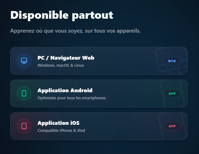 DentaQuiz Disponible partout Apprenez où que vous soyez, sur tous vos appareils. PC / Navigateur Web Windows, macOS & Linux WEB Application Android Optimisée pour tous les smartphones APP Application iOS Compatible iPhone & iPad APP